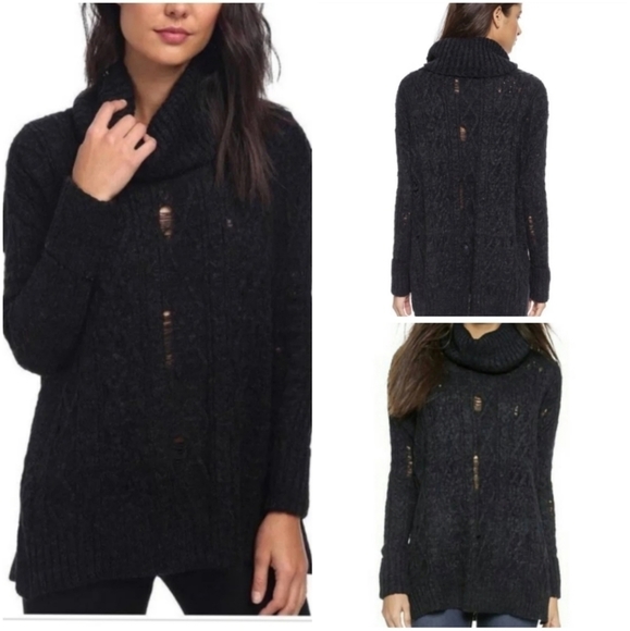 Free People Sweaters - Free People Oversized Distressed Black Knit Turtle Neck Sweater